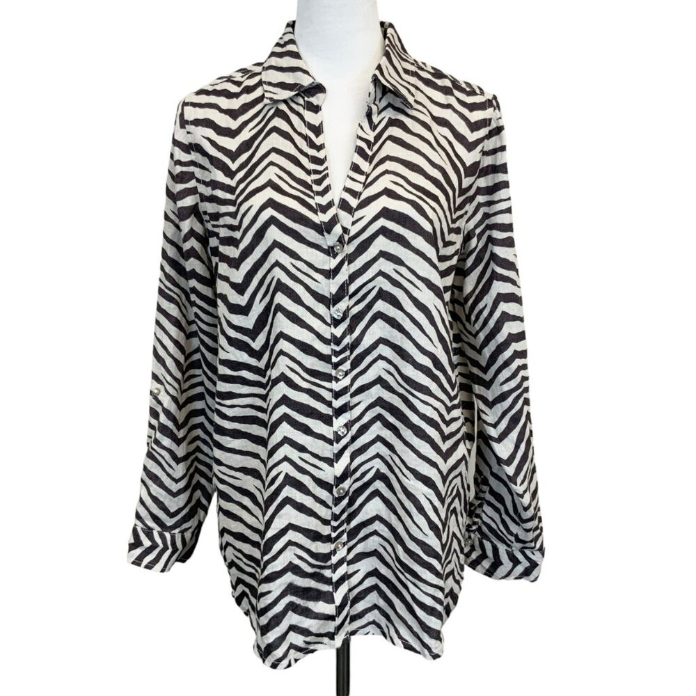 NWT Tahari Linen Zebra Print Button Front Top In Brown Size Medium Neutral